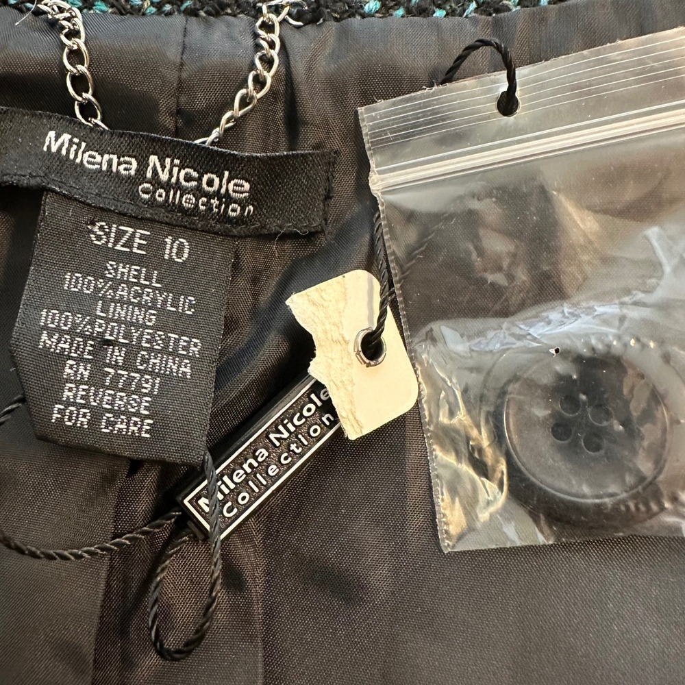 Milena Nicole Collection Teal Black Tweed Belted Jacket Coat Size 10 NWOT - Picture 12 of 15